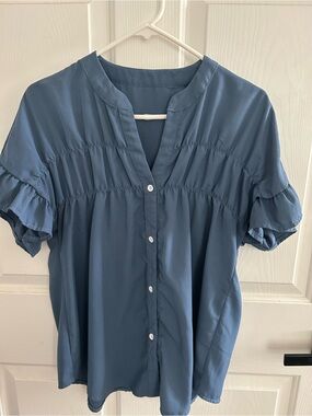 SHEIN Navy Button-Front Ruffle Sleeve Blouse
